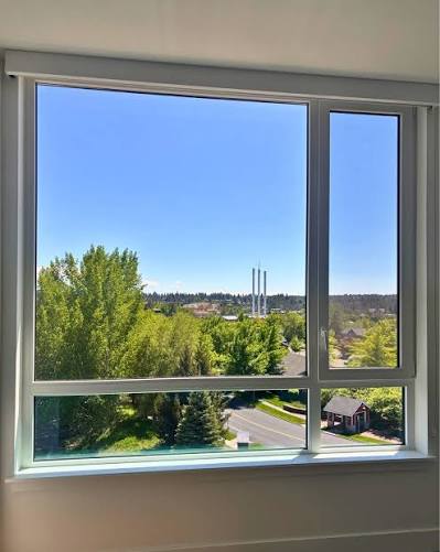 A tree-lined Central Oregon neighborhood, seen through a clean window